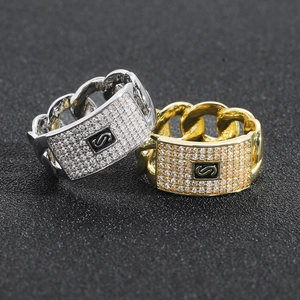 Hip hop cuban chain rings in gold and silver with zircon pave and S logo plates