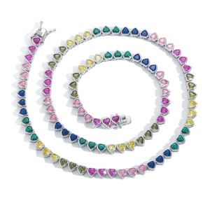 Collana tennis cuore arcobaleno con pietre di zircone colorate e montatura argento