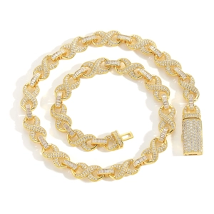 Collier Gourmette Infinity Or 10mm avec Zircones Cubiques Iced Out pour Hommes et Femmes