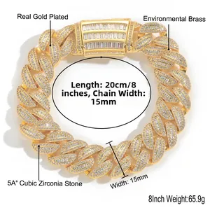Detailed 15mm Miami Cuban link bracelet in 8-inch length with zircon weight specifications