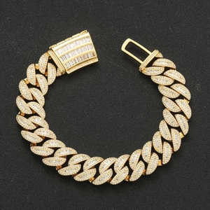 Hip Hop Miami Cuban Link Bracelet Iced Out Copper Inlaid Mixed Baguette Cubic Zirconia Real Gold Plated Jewelry For Men