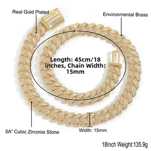 Detail view of 15mm Miami Cuban link necklace with 5A+ cubic zirconia and gold plating