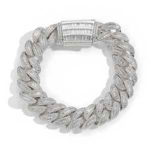 15mm silver Miami Cuban link bracelet with iced-out zircon and baguette diamond clasp