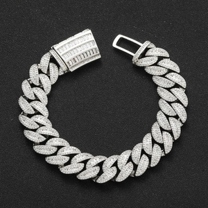 Iced out 15mm Miami Cuban link bracelet with baguette zircon set in hip hop style silver