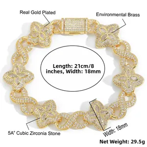 Détails du bracelet trèfle en zircon rose montrant une largeur 18mm et longueur de 21cm