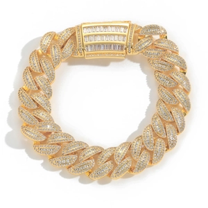 Men's 15mm gold Miami Cuban chain bracelet with iced out baguette and round zircon stones