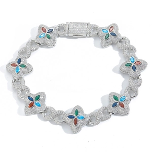 Bracelet trèfle hiphop avec pierres marquises multicolores et maillons infini argent