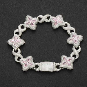 Bracelet trèfle hip hop avec zircon rose et maillons infinis en métal argent