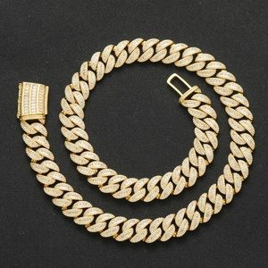 15mm gold Cuban link chain with mixed square and round zircon iced out stones