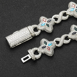 Bracelet trèfle hip hop glacé avec zircons 5A multicolores pour hommes et femmes à la mode
