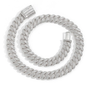 15mm silver Miami Cuban link necklace with mixed T-shaped zircon stones for men