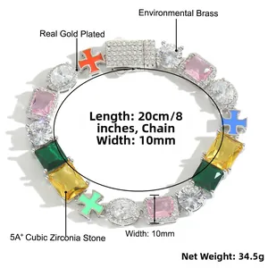Macro detail of 10mm gold plated brass hip hop bracelet with colorful 5A zircon stones