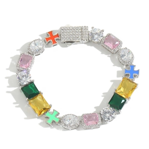 Hip Hop Bracelet Brass Colorful Zircon Gold Silver Plated Geometric Cross Pave Setting Jewelry For Men Women Party