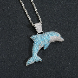 Collier Pendentif Dauphin Hip Hop Glacé Bijoux en Cuivre Micro Pavé Zirconia Avec Chaîne en Acier Inoxydable Unisexe