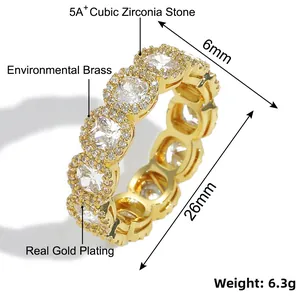 Detailed chart showing 6mm gold plated ring dimensions and 5A+ cubic zirconia material