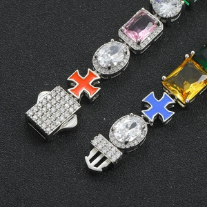 Chic hip hop necklace with colorful zircon gemstones and Maltese cross charms in silver