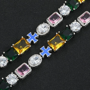 Hip hop multi-colored zircon bracelet with silver-tone chain and colorful faceted stones