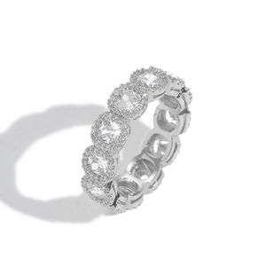 Luxurious silver ring with full circle of cushion cut zircons and micro-pave detailing