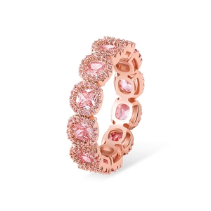 Rose gold plated ring featuring square pink gemstones with micro pavé halo setting