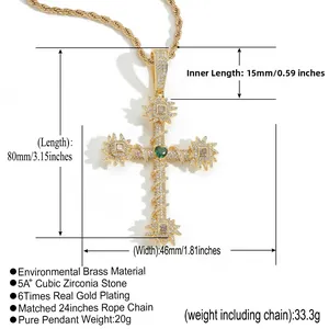 Tableau des tailles détaillé pour pendentif croix hip hop doré avec zircon coeur vert et chaîne