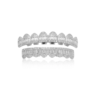 Grillz hip hop en argent avec zircons baguettes pour dents supérieures et inférieures