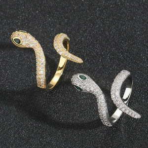 Anelli a serpente di lusso in oro 18k e argento con zirconi bianchi e occhi verdi