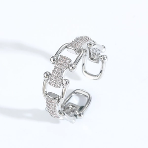 Luxury silver U-shaped horseshoe ring with micro-paved zircons and adjustable opening