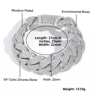Detail of 22mm silver Cuban chain with 5A+ cubic zirconia and technical specifications