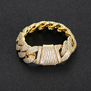 22mm gold plated iced out cuban link hip hop bracelet with sparkling square zircon crystals