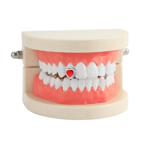 Hip hop red heart single tooth grillz with silver base for festive costume parties