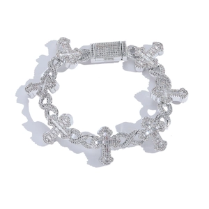 Bracciale hip hop argento con simbolo infinito, croce e pavé di zirconi bianchi lucidi