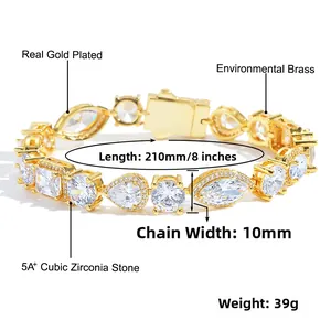 Detailansicht eines 10mm breiten Messingarmbands mit 5A+ Zirkonia in Herz- und Birnenform