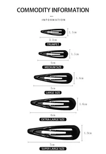 Size guide showing dimensions for small to extra-large black teardrop snap hair clips