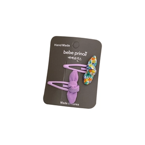 Handmade fabric floral and lilac bow hair clips for girls set of 2 pieces on card