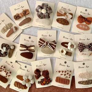 Korean Style Kids Fabric Flower Bowknot Snap Hair Clip Set Milk Coffee Earth Tone Floral Plaid Barrettes For Little Girls