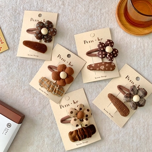 Lot de 5 pinces à cheveux en tissu style coréen, fleurs vintage marron et beige