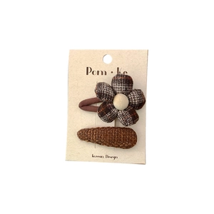 Set de barrettes pour filles avec nœud marron et fleur à carreaux style coréen