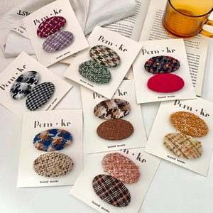 Retro Tweed Fabric Oval Hair Clips Plaid Houndstooth Patchwork Color Side Bangs Hairpins For Toddler Girls Hair Accessories