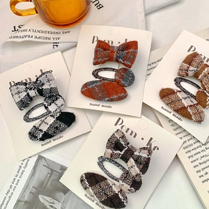 Sweet plaid fabric bow and oval hair clip set for girls in four warm autumn colors