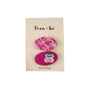 Pink tweed and corduroy cherry hair clip set on a card, Korean style hair accessories