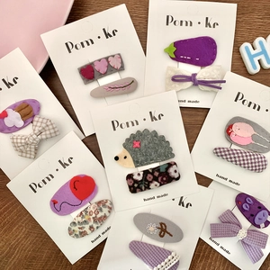 Handmade Purple Fabric Kids Hair Clips Pair For Girls Embroidery Bow Cartoon Animal Heart Hedgehog Eggplant Hairpins Accessory