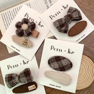 Handmade plaid flower and bow hair clip set in coffee tones for girls and women