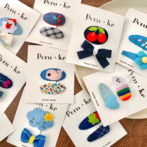 Cute blue series kids hair clips set with cartoon cloud whale and floral fabric patterns