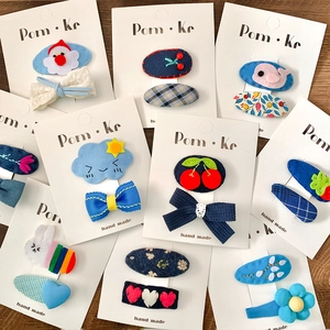 Blue Series Kids Hair Clips Handmade Fabric Bowknot Flower Fruit Pattern Hairpins Set For Girls Sweet Hair Accessories