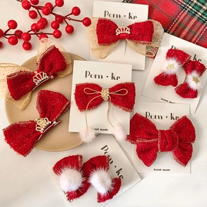 Pince à Cheveux Nœud de Noël Rouge pour Filles Barrettes en Tweed Doux Enfants Couronne Festive Strass Accessoires Cheveux Fête