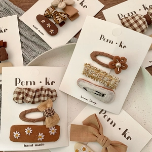 Brown bow and floral plaid fabric hair clips set in Korean minimalist style for women