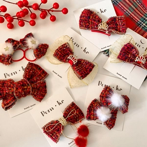 Barrettes à cheveux nœuds en tweed rouge avec couronne dorée et pompons pour filles