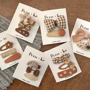 Korean Style Coffee Brown Fabric Bow Flower Hair Clips For Kids Sweet Handmade Plaid Cloth Hairpins Girls Hair Accessories