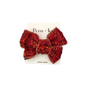 Barrette à cheveux pour filles avec nœud en tweed rouge et détails dorés festifs