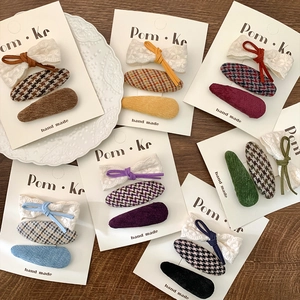 Sweet Fabric Plaid Lace Bow Corduroy Bangs Clips Handmade Hair Barrettes Accessories For Children Girls Hairpins